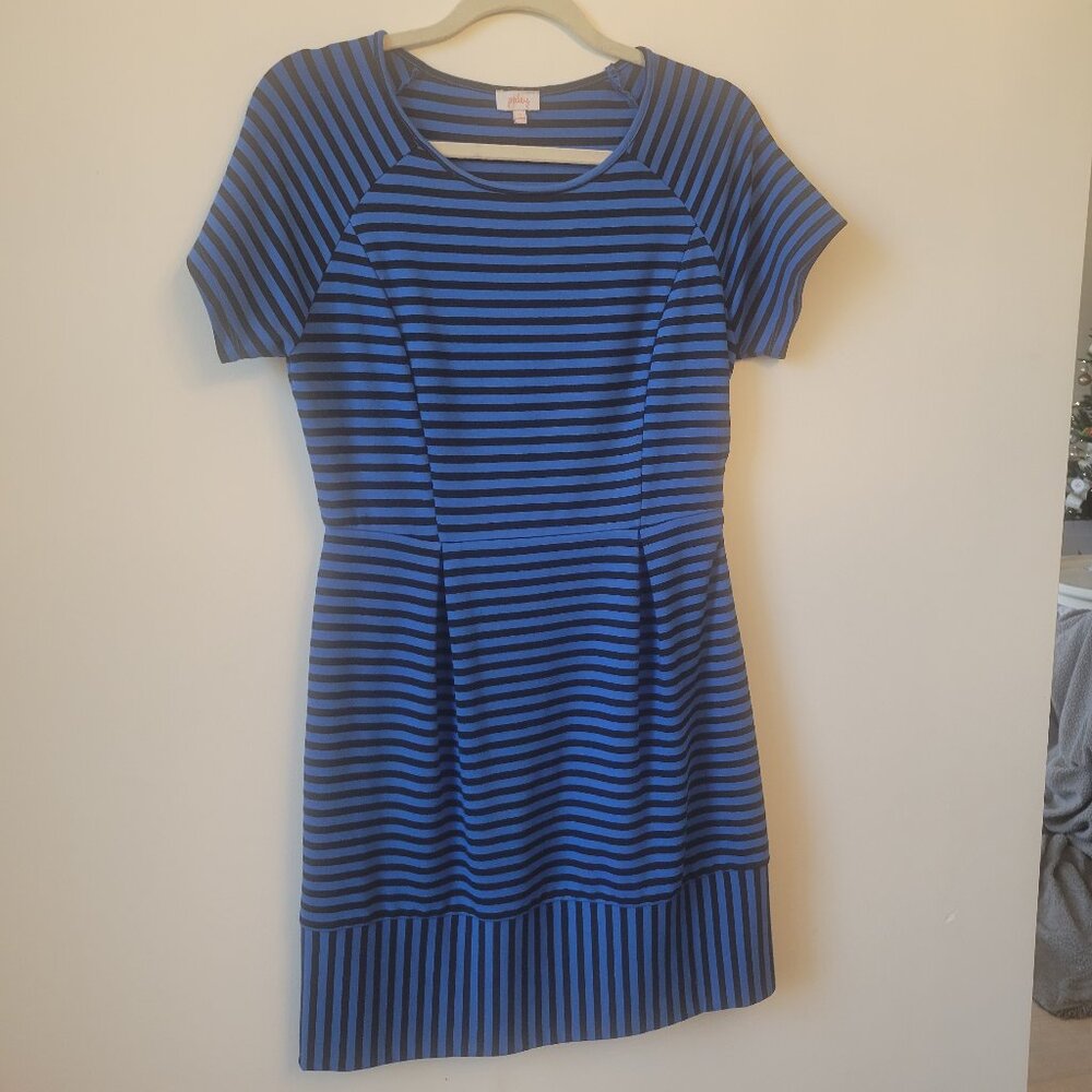 PIXLEY women royal blue black striped short sleeve dress Medium